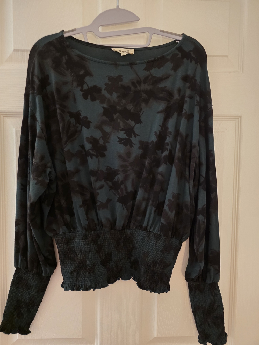 Madewell Teal and Black Floral Smocked-Hem Sweatshirt